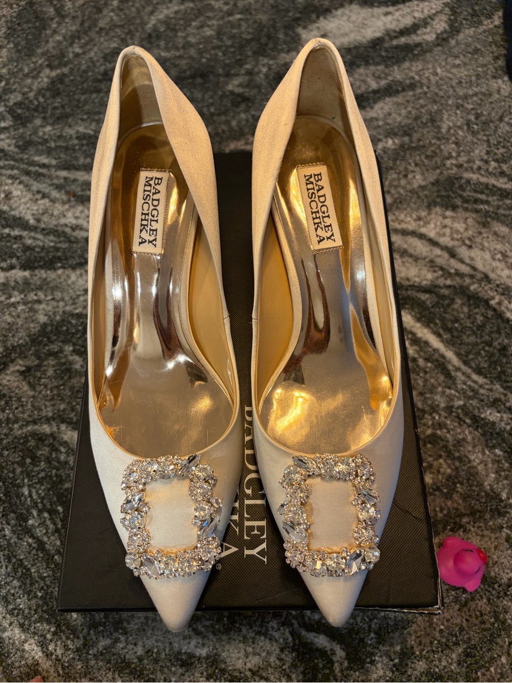 Badgley Mischka Ivory Satin Pointed Toe Pumps with Crystal Buckles size 8
